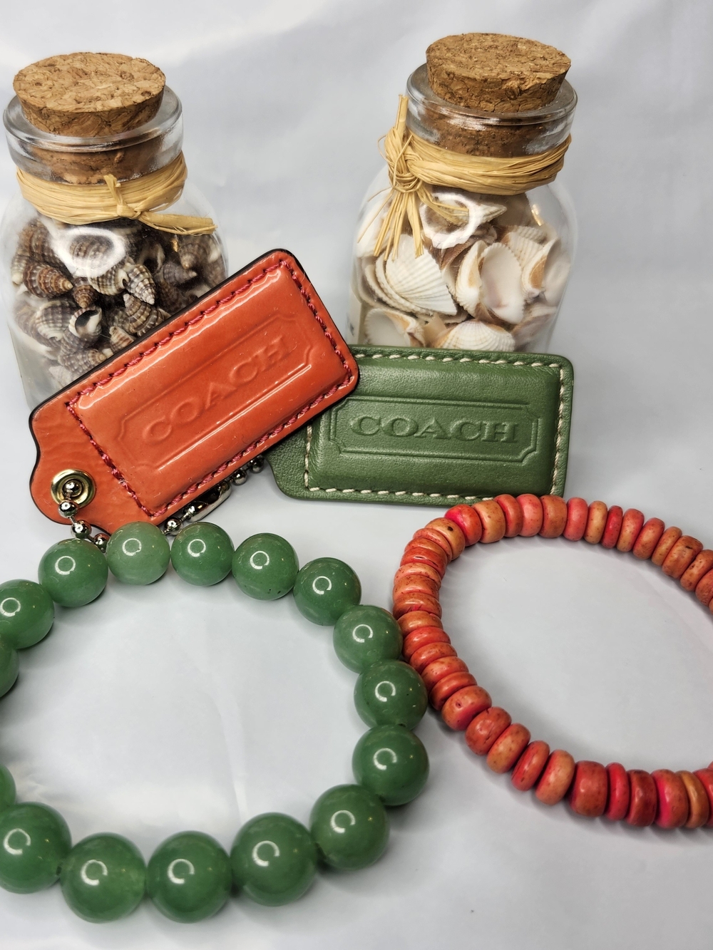 COACH & Bracelet Set - Orange & Green Leather Bag Charms with Bead Bracelets